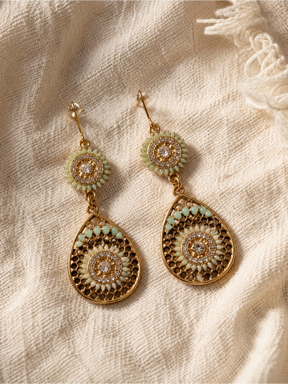 Light and Dark Turquoise Blue Dual Beaded Dangle Hoop Earrings
